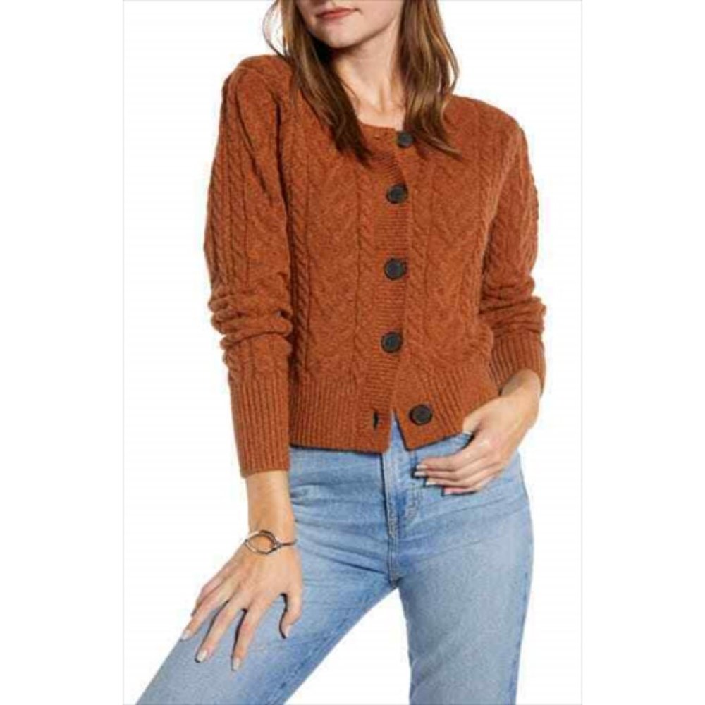 SOMETHING NAVY Crewneck Cable Cardigan